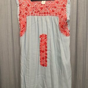 J Marie Embroidered Dress - Light Blue and Coral - Size L